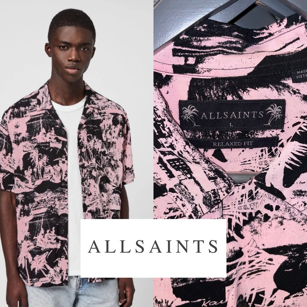 AllSaints NWOT “AWA” Mens SS Island Print Short Sleeve Shirt Large 100% Viscose